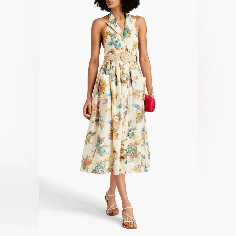 Zimmermann Clover Halter Midi Shirt Dress In Honey Peony Floral Size AU 3,  US 10